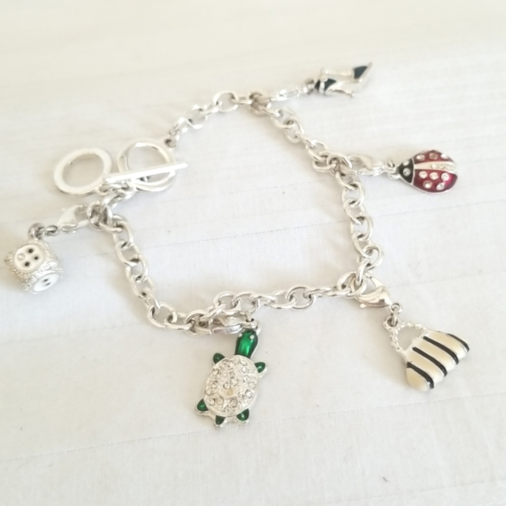 Silver Rhinestone Charm Bracelet Dice Turtle Purse Shoe Ladybug